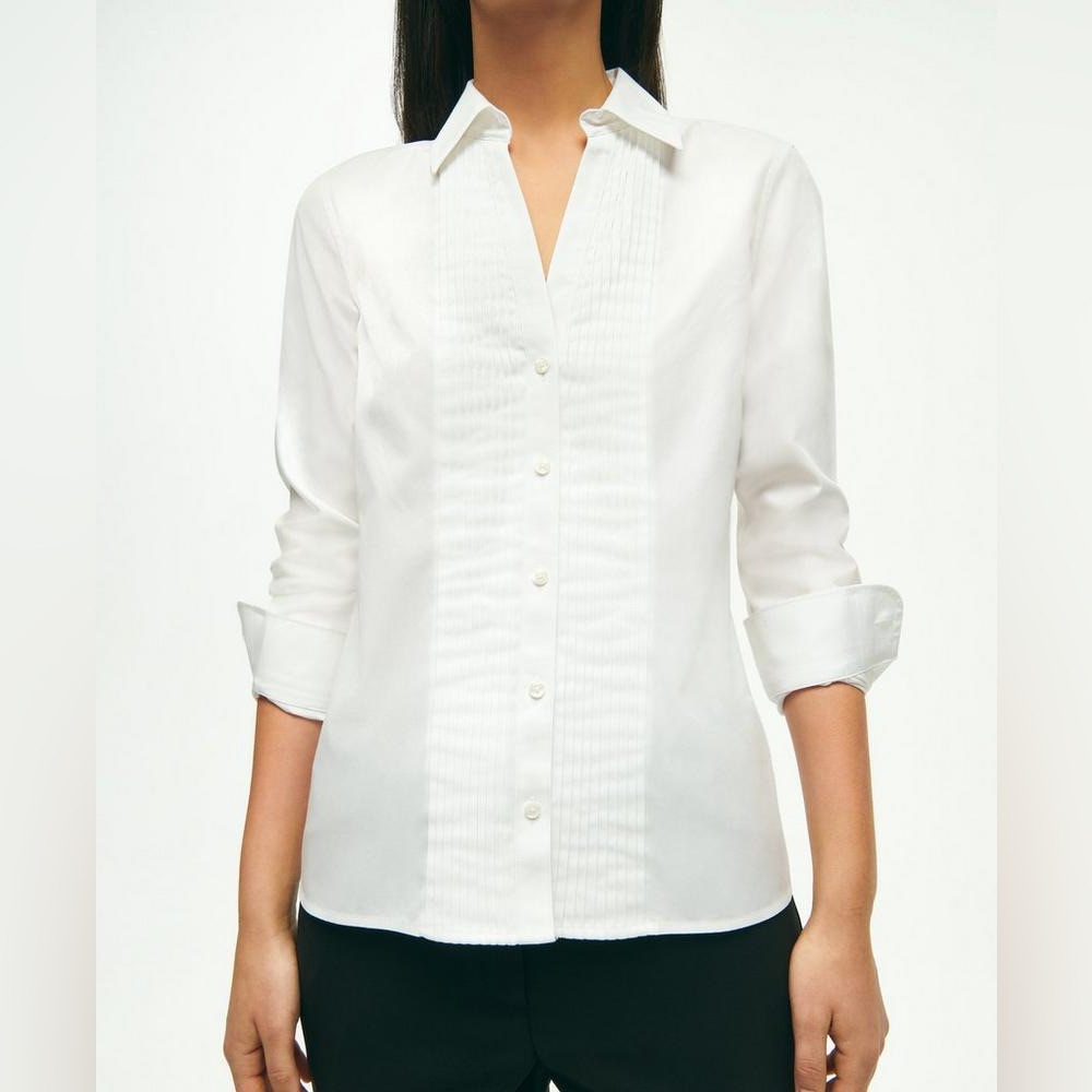 🤍 Chico’s No-Iron Pintuck Yoke Pleat Tuxedo Style Button Down